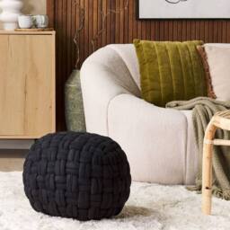 Wyld and Coco Velvet Pouffe Black Basket Weave 45 x 35 cm