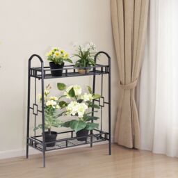Gymax 2 Tier Metal Plant Stand Indoor Flower Pots Display Rack Shelf-Black in Black - thumbnail 3