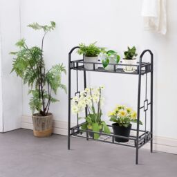 Gymax 2 Tier Metal Plant Stand Indoor Flower Pots Display Rack Shelf-Black in Black - thumbnail 7