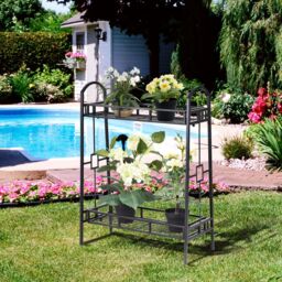 Gymax 2 Tier Metal Plant Stand Indoor Flower Pots Display Rack Shelf-Black in Black - thumbnail 8