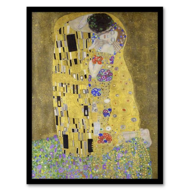 Artery8 The Kiss Iconic Couple Painting Vintage Framed Wall Art Print Klimt in Gold - Size: A4 - image 1