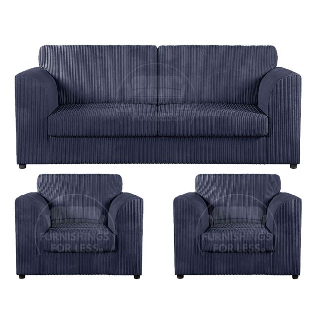 Furnishings For Less UK Luxor Jumbo Cord 3 + 1 + 1 Fabric 3 Piece Sofa Suite - Fullback in Navy - image 1