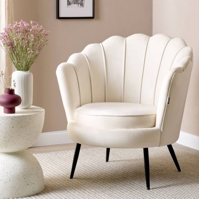 Wyld and Coco Off-White Velvet Novelty Armchair - Retro Shape Iron Legs in White - image 1