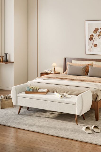Living and Home 2-Seat Linen Upholstered Storage Bench with Side Arms and Walnut Colored Legs in Beige - image 1