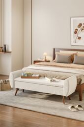 Living and Home 2-Seat Linen Upholstered Storage Bench with Side Arms and Walnut Colored Legs in Beige