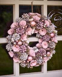 Dibor Pink Roses Festive Xmas Decor Front Door Christmas Wreath 38cm - thumbnail 1
