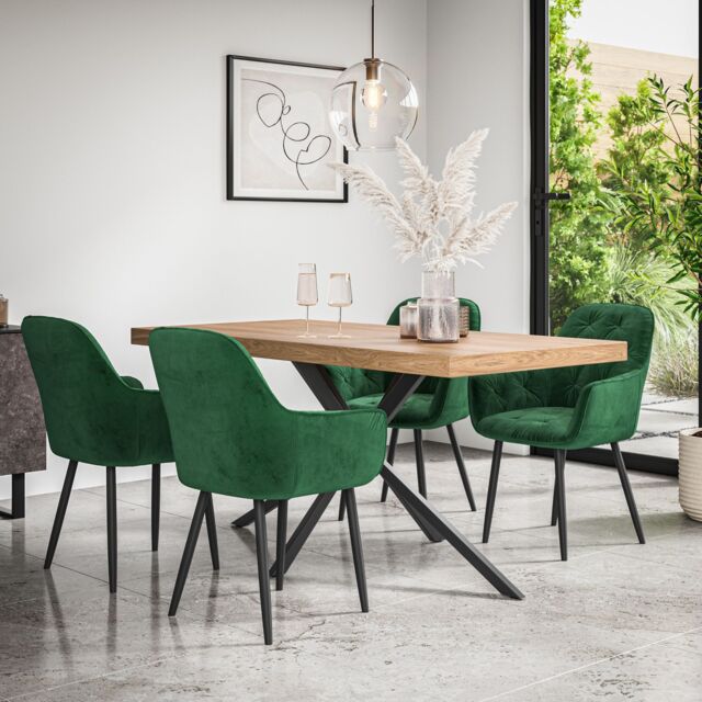 More4Homes Donni Dining Table & Chairs - Oak Effect Table Top w Black Legs + Anika Velvet Dining Chair Set Of 6 in Green - image 1