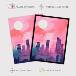 Wee Blue Coo Wall Art Print Sunrise City Silhouette Pink Purple Blue Watercolour Painting Art Framed - Size: A4 - thumbnail 2
