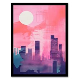 Wee Blue Coo Wall Art Print Sunrise City Silhouette Pink Purple Blue Watercolour Painting Art Framed - Size: A4 - thumbnail 1
