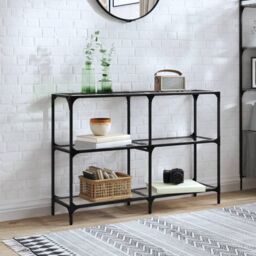 Berkfield Home Console Table with Transparent Glass Top 118.5x30x81 cm Steel in Grey - thumbnail 1