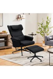 PU Leather Swivel Armchair with Footstool in Black