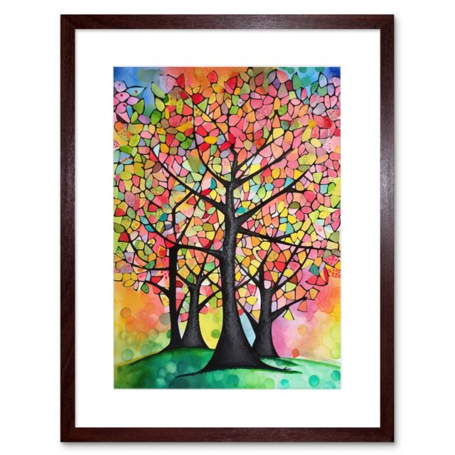 "Artery8 Wall Art Print Vibrant Blossoming Trees In Spring Folk Art Watercolour Painting Artwork Framed 9X7 Inch in Brown - Size: W7"" x H9""" - image 1