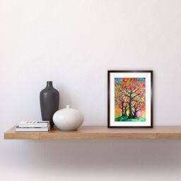 "Artery8 Wall Art Print Vibrant Blossoming Trees In Spring Folk Art Watercolour Painting Artwork Framed 9X7 Inch in Brown - Size: W7"" x H9""" - thumbnail 2