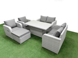 Fimous 7 Seater Outdoor Reclining Chair Love Sofa Set Rattan Garden Furniture Set with Adjustable Lifting Dining or Coffee Table Footstool Light Grey - thumbnail 2