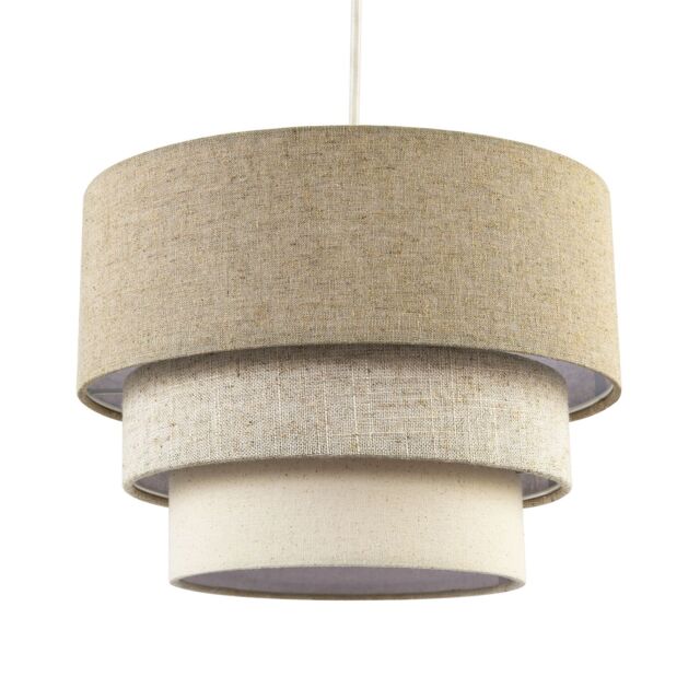 Happy Homewares Contemporary Round Triple Tier Cotton Fabric Pendant Light Shade in Beige - Size: 12 inches - image 1