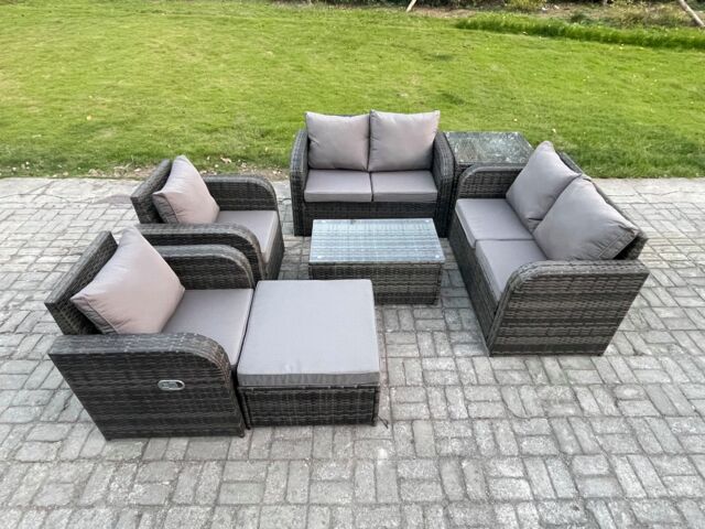 Fimous Rattan Garden Furniture Set 7 Seater Patio Outdoor Lounge Sofa Set with 2 Reclining Chairs Rectangular Coffee Table Big Footstool in Dark Grey - image 1