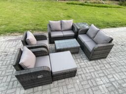 Fimous Rattan Garden Furniture Set 7 Seater Patio Outdoor Lounge Sofa Set with 2 Reclining Chairs Rectangular Coffee Table Big Footstool in Dark Grey - thumbnail 2