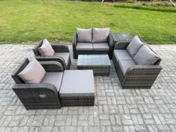 Fimous Rattan Garden Furniture Set 7 Seater Patio Outdoor Lounge Sofa Set with 2 Reclining Chairs Rectangular Coffee Table Big Footstool in Dark Grey - thumbnail 1