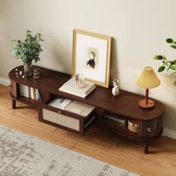 Merax 170cm TV Cabinet with Slatted Wood Doors & Rattan Drawers in Walnut - thumbnail 7
