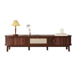 Merax 170cm TV Cabinet with Slatted Wood Doors & Rattan Drawers in Walnut - thumbnail 4