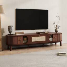 Merax 170cm TV Cabinet with Slatted Wood Doors & Rattan Drawers in Walnut - thumbnail 2