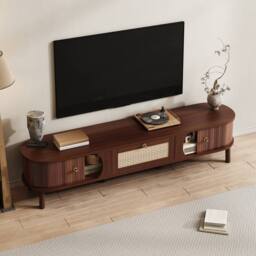 Merax 170cm TV Cabinet with Slatted Wood Doors & Rattan Drawers in Walnut - thumbnail 3