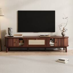Merax 170cm TV Cabinet with Slatted Wood Doors & Rattan Drawers in Walnut - thumbnail 1