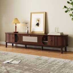 Merax 170cm TV Cabinet with Slatted Wood Doors & Rattan Drawers in Walnut - thumbnail 9