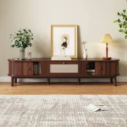 Merax 170cm TV Cabinet with Slatted Wood Doors & Rattan Drawers in Walnut - thumbnail 6