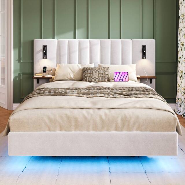 Matteo Upholstered Bed, Adults Teenagers 4ft6 Double Bed, 2 Bedside Lamps in White - image 1