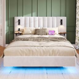 Matteo Upholstered Bed, Adults Teenagers 4ft6 Double Bed, 2 Bedside Lamps in White