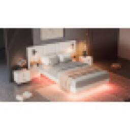 Matteo Upholstered Bed, Adults Teenagers 4ft6 Double Bed, 2 Bedside Lamps in White - thumbnail 3