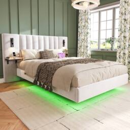 Matteo Upholstered Bed, Adults Teenagers 4ft6 Double Bed, 2 Bedside Lamps in White - thumbnail 9