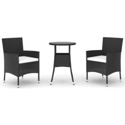 Berkfield Home 3 Piece Garden Bistro Set with Cushions Black Poly Rattan - thumbnail 2