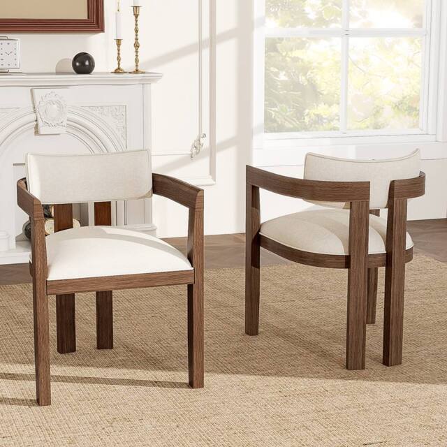 Merax Set of 2 Upholstered Dining Chairs with Armrests, Solid Wood Frame in Walnut - image 1