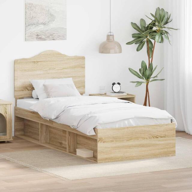 Berkfield Home Bed Frame with Headboard Sonoma Oak 75 x 190 cm Solid Pine Wood in Brown - image 1