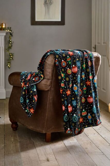 Deyongs Christmas Baubles Fleece Throw - 140 x 180cm Soft Festive Blanket with Colourful Bauble Print in Navy - Size: 140 cm x 180 cm - image 1
