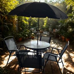 Marco Paul 6 Piece Black Outdoor Garden Table with Chairs & Parasols - thumbnail 4
