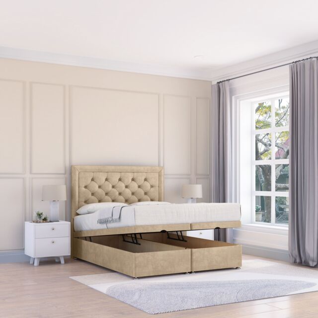 Sloomy Montana Coniston Fabric Ottoman Bed End Opening With Sprung Memory Mattress & 26 Inch strut Headboard in Cream - Size: Single - image 1