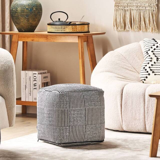 Wyld and Coco Black and White Striped Cotton Pouffe 40 x 40 x 40 cm - image 1