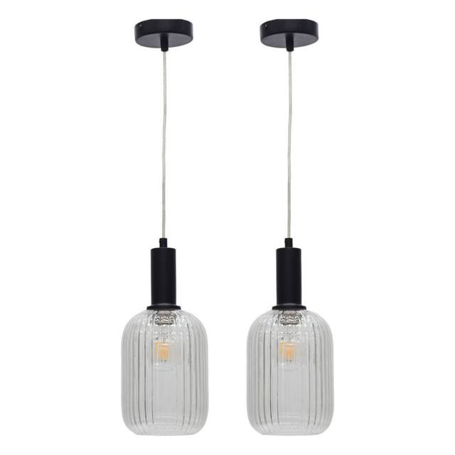 First Choice Lighting Set of 2 Batley - Clear Ribbed Glass Black Deco Pendant Fittings - image 1