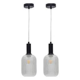 First Choice Lighting Set of 2 Batley - Clear Ribbed Glass Black Deco Pendant Fittings - thumbnail 1