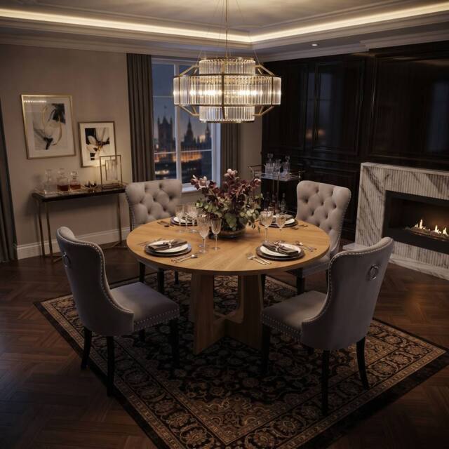 FENCHILIN Farmhouse Dining Table & 4 Velvet Chairs 120cm Round Kitchen Set in Light Oak - image 1
