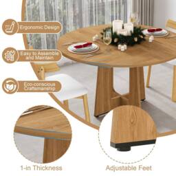 FENCHILIN Farmhouse Dining Table & 4 Velvet Chairs 120cm Round Kitchen Set in Light Oak - thumbnail 2