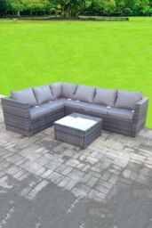 Fimous Rattan Corner Sofa Set Square Coffee Table 6 Seater With Seat & Back Cushion in Dark Grey - thumbnail 3