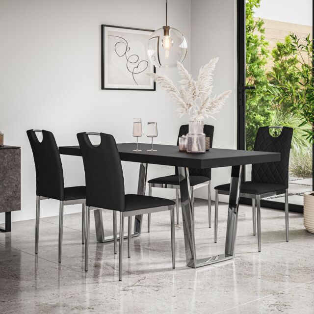 More4Homes Aria Dining Table & Chairs - Black Table Top w Chrome Legs + Monza Faux Leather Dining Chair w Chrome Legs Set Of 4 - image 1
