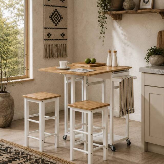 Wyld Haus Bamboo Drop Leaf Kitchen Island Set 2 Stools Drawers & Towel Rack in White - image 1