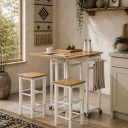 Wyld Haus Bamboo Drop Leaf Kitchen Island Set 2 Stools Drawers & Towel Rack in White - thumbnail 1