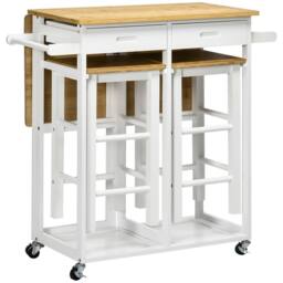 Wyld Haus Bamboo Drop Leaf Kitchen Island Set 2 Stools Drawers & Towel Rack in White - thumbnail 2