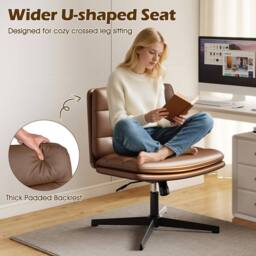 Gymax Cross Legged Chair Height Adjustable Mid-Back Makeup Vanity Chair in Brown - thumbnail 8